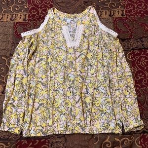 Off the shoulder yellow/white/black shirt